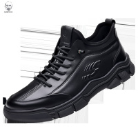 老人头2021年秋季新款男鞋真皮透气防水厚底商务休闲皮鞋黑色运动板鞋潮