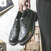老人头2021皮鞋男真皮布洛克黑色韩版英伦商务正装休闲男鞋西装青年皮鞋婚鞋