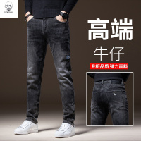 老人头2021高端纯棉弹力牛仔裤男秋冬季潮流宽松直筒潮牌贴布做旧男士长裤子