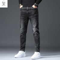 老人头2021秋季纯棉直筒牛仔裤男年新款黑色高端潮牌修身小脚弹力长裤子