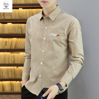 老人头2021春秋装男士长袖衬衫青年男装帅气休闲商务正装修身免烫潮流上衣服