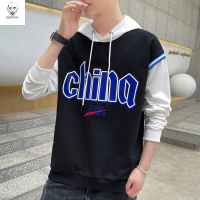 老人头2021连帽卫衣男假两件学生韩版港风有帽子外穿秋衣帅气印花长袖上衣服