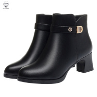 老人头2021妈妈靴子女冬季中粗跟短靴真皮年新款加绒保暖中老年女士皮鞋