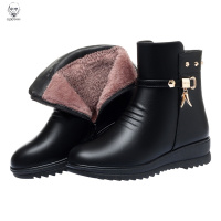 老人头2021妈妈鞋子平底真皮新款冬季侧拉链圆头加绒保暖中老年女士短靴