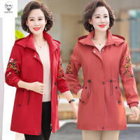 老人头2021妈妈春装外套新款洋气中年女装春秋连帽夹克气质绣花长款上衣