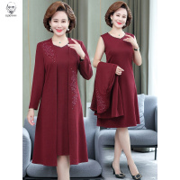 老人头2021婚礼妈妈春秋连衣裙女新款中老年裙子两件套喜婆婆结婚宴礼服