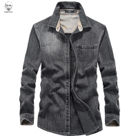 老人头2021男士休闲大码宽松牛仔衬衫男春秋季款时尚舒适亮片口袋牛子衬衣潮