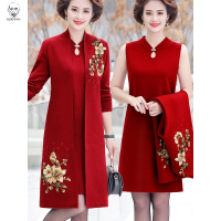 老人头2021中年妈妈秋装外套中长款阔太太两件套装中老年女装旗袍连衣裙高贵