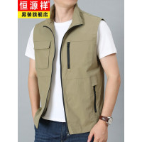 恒源祥背心马夹男春秋季薄款多口袋工装马甲户外钓鱼摄影中年男士坎肩外套加凉上衣爸爸装 卡其色 3XL