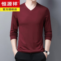 恒源祥含桑蚕丝T恤男士长袖V领莫代尔百搭男装春秋季纯色基础内搭打底衫