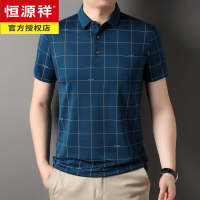 恒源祥男士短袖T恤夏季薄款翻领潮流含桑蚕丝中年爸爸格子有领休闲上衣
