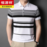 恒源祥夏季T恤男短袖翻领棉质透气爸爸装体恤半袖商务休闲条纹打底衫有