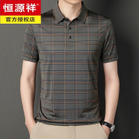 恒源祥夏季新款男士短袖T恤翻领格子中老年商务休闲半袖体恤衫爸爸装潮