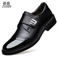 祖鑫2019男士中老年商务正装休闲真皮皮鞋棕色亮皮懒人魔术贴三接头男鞋子