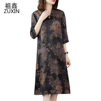 祖鑫钱夫人高贵香云纱连衣裙女2019春夏新款中长款宽松大码仿桑蚕丝裙子