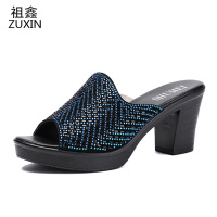 祖鑫2019新款女鞋高跟粗跟防滑拖鞋女夏外穿时尚百搭室外真皮休闲凉拖