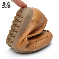 祖鑫2019牛筋底妈妈鞋软底舒适真皮鞋女中年中老年豆豆单鞋平底圆头春秋款