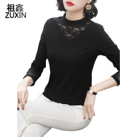 祖鑫半高领T恤女长袖2019春秋冬黑色蕾丝洋气打底衫妈妈秋装内搭秋衣