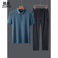 祖鑫运动套装男士2020夏季新款跑步休闲仿冰丝速干短袖POLO衫长裤两件套