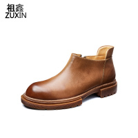祖鑫2021真皮切尔西短靴英伦风复古机车厚底真皮马丁靴男潮工装大头高帮鞋