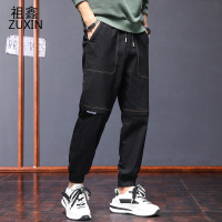 祖鑫2021早秋季裤子男时尚百搭弹力宽松束脚男裤拼接休闲男士哈伦裤春秋款