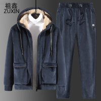 祖鑫2021冬季中老年运动套装男加绒加厚羊羔绒爸爸秋冬外套卫衣长裤两件套