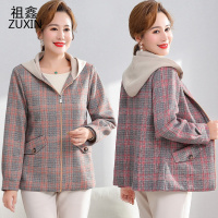 祖鑫2021妈妈秋装外套新款中老年女装春秋大码薄款夹克连帽女长袖上衣