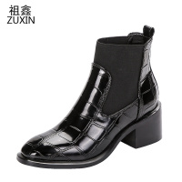 祖鑫2021[亏本清货]马丁靴秋冬新款粗跟方头切尔西时尚鳄鱼皮百搭短靴女