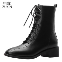 祖鑫2021短靴女秋冬新款粗跟中筒靴中跟方头英伦风韩版百搭系带瘦腿靴