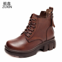 祖鑫2021厚底短靴女春秋单靴新款真皮坡跟女靴牛皮复古圆头百搭马丁靴