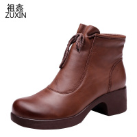 祖鑫2021真皮短靴女春秋单靴年新款粗跟马丁靴防水台舒适加绒妈妈棉靴
