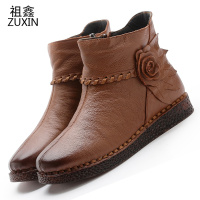祖鑫2021冬季新款软牛皮百搭复古真皮棉靴女民族风短靴皮单靴子女软牛筋底