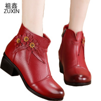 祖鑫2021软牛皮棉靴民族风短靴加绒棉女短靴冬季新款新款复古真皮粗跟