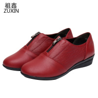 祖鑫2021春秋款舒适中年女式红皮鞋妈妈鞋真皮软底坡跟中老年深口软皮单鞋