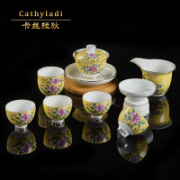 卡丝拉狄品牌功夫茶具套装骨瓷中式盖碗家用礼品盒整套手绘喝茶杯简约