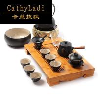 卡丝拉狄品牌功夫茶具套装整套家用办公室四合一陶瓷茶壶茶杯竹制茶盘粗陶 黑陶木侧把11件+茶盘+烧水器 11件