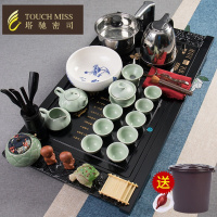 茶具套装家用实木茶盘整套茶具泡茶壶自动上水四合一电磁炉 宁静致远黑色搭13头汝窑/梅花壶 20件