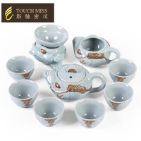 功夫茶具套装金蟾哥窑陶瓷茶壶整套家用杯子6只装