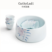 手绘百合茶洗中式陶瓷大号家用办公杯洗笔洗茶具配件洗杯碗水盂