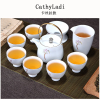 白瓷手绘彩绘整套功夫茶具套装茶壶提梁壶品茗杯茶杯简致荷花