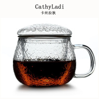 锤纹玻璃三件杯泡茶玻璃杯办公家用茶叶过滤喝茶杯子带盖水杯