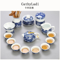 IKXO景德镇青花瓷功夫茶具套装简约家用整套白瓷陶瓷盖碗品茗杯礼盒装