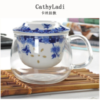 IKXO品牌玻璃杯子 带盖花茶杯加厚陶瓷过滤泡茶杯子 办公室茶水杯