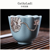 功夫茶具单杯茶杯品茗杯陶瓷复原汝窑开片家用手工镶银嵌银杯