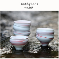 IKXO品牌山水间本色红白条纹品茗杯主人杯景德镇手工陶瓷功夫茶杯创意茶器