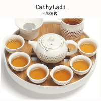 整套玻璃玲珑镂空茶具套装陶瓷功夫茶壶杯 竹制陶瓷茶盘储水