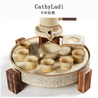 石磨复古半自动茶具茶盘功夫泡茶器套装懒人防烫陶瓷茶壶茶杯