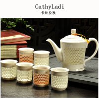 花茶茶具 青花瓷玲珑镂空陶瓷功夫茶具蜂窝茶壶茶杯整套