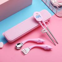 卡通304不锈钢儿童餐具弯头勺叉筷套装海豚歪把宝宝学吃饭训练勺
