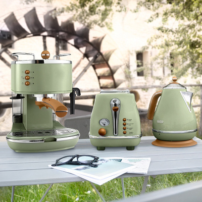 半自动咖啡机古达+多士炉+电水壶三件套复古系列 橄榄绿三件套咖啡机多士炉水壶